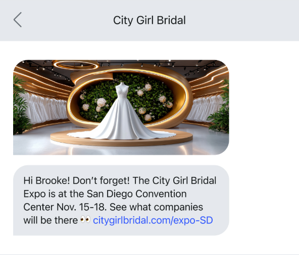 Image showing SMS reminder with event details, including the event name, time, & location.
